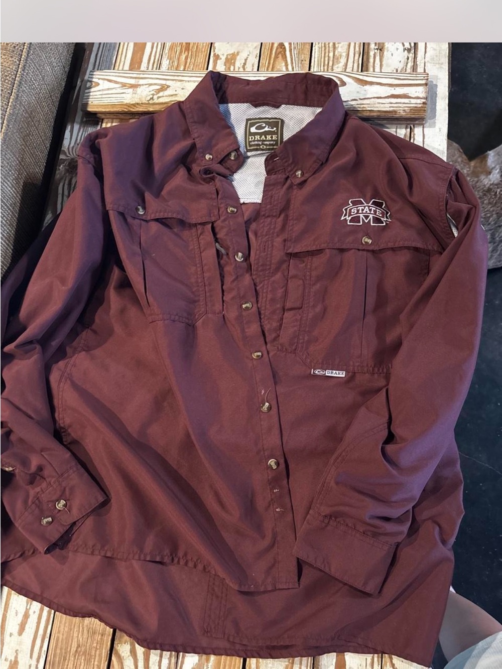 Drake Maroon Button-Front Casual Shirt with State Patch